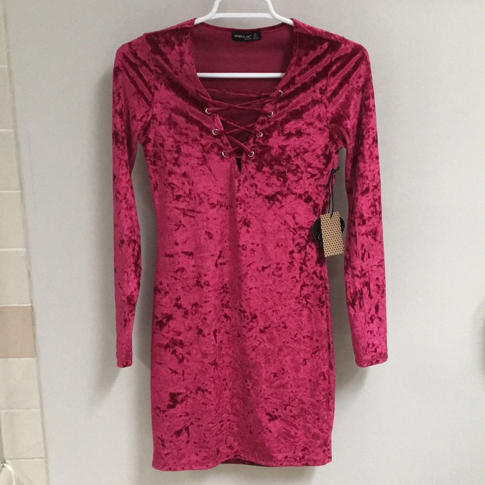 NWT! Crushed Red Velvet Lace-Up Front Mini Dress - Picture 4 of 8